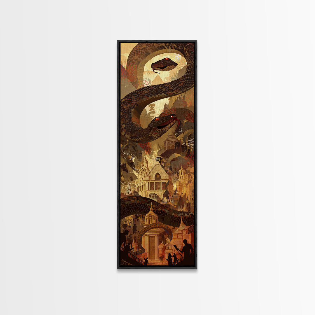 Giant Serpent Over Golden Fantasy City Wall Art, Mystical Statement Decor, Dark Academia Large Canvas Artwork For Living Room