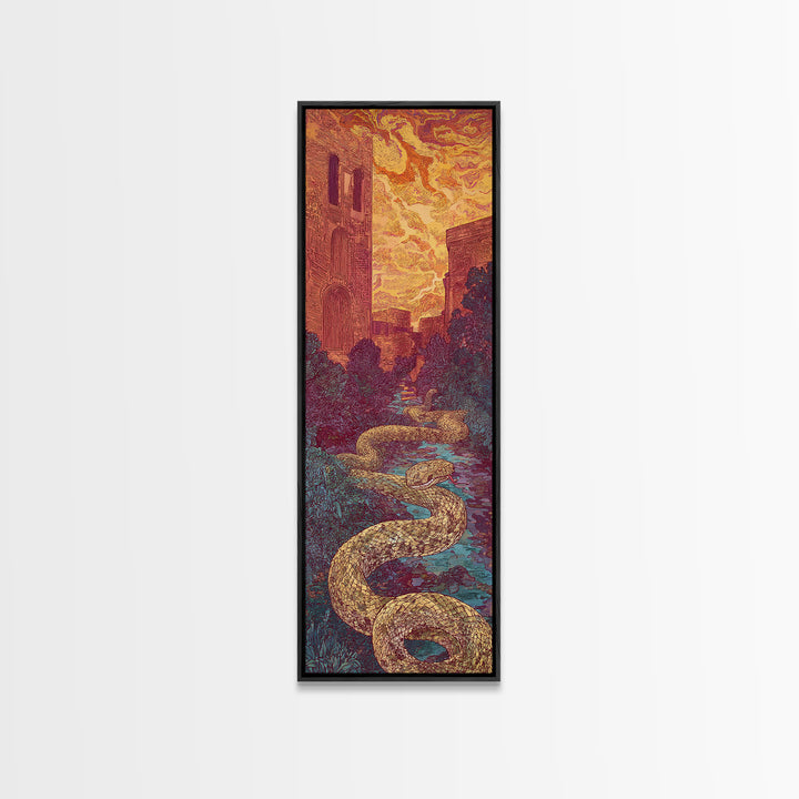 Golden Serpent Through Cathedral Garden Wall Art, Mystical Landscape Decor, Fantasy City Large Canvas Artwork For Home Gift
