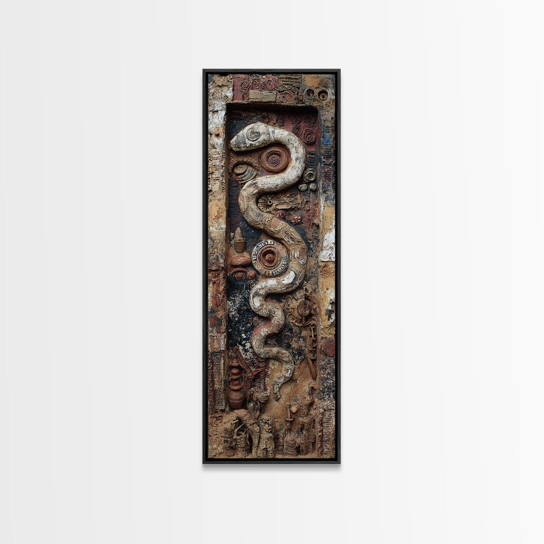 Ancient Serpent Relief On Weathered Door Wall Art, Textured Abstract Decor, Tribal Inspired Canvas Artwork For Home Entryway