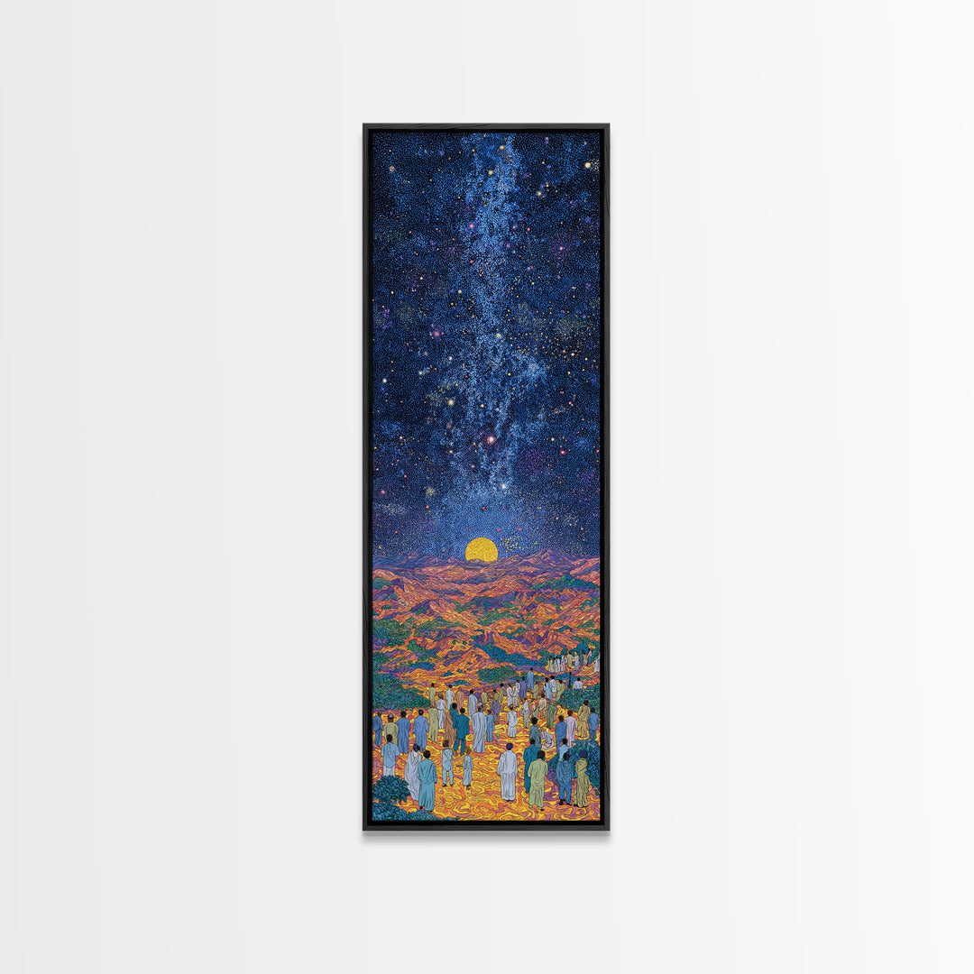 Starry Desert Pilgrimage With Rising Sun Wall Art, African Landscape Print, Celestial Night Decor, Cultural Home Gift, Bedroom Statement