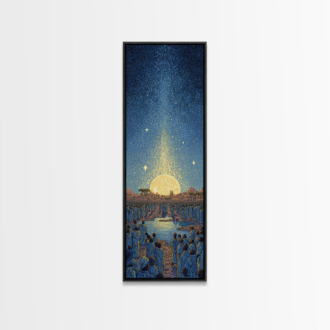 Radiant Sunrise River Ceremony Canvas Print, African Spiritual Wall Art, Golden Sun Decor, Afrocentric Home Gift, Living Room Statement
