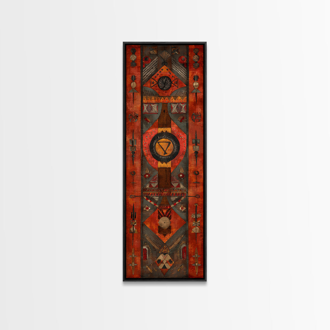 Red Geometric African Tribal Wall Art, Symbolic Pattern Canvas Print, Ethnic Cultural Decor, Bold Statement Home Decor Gift