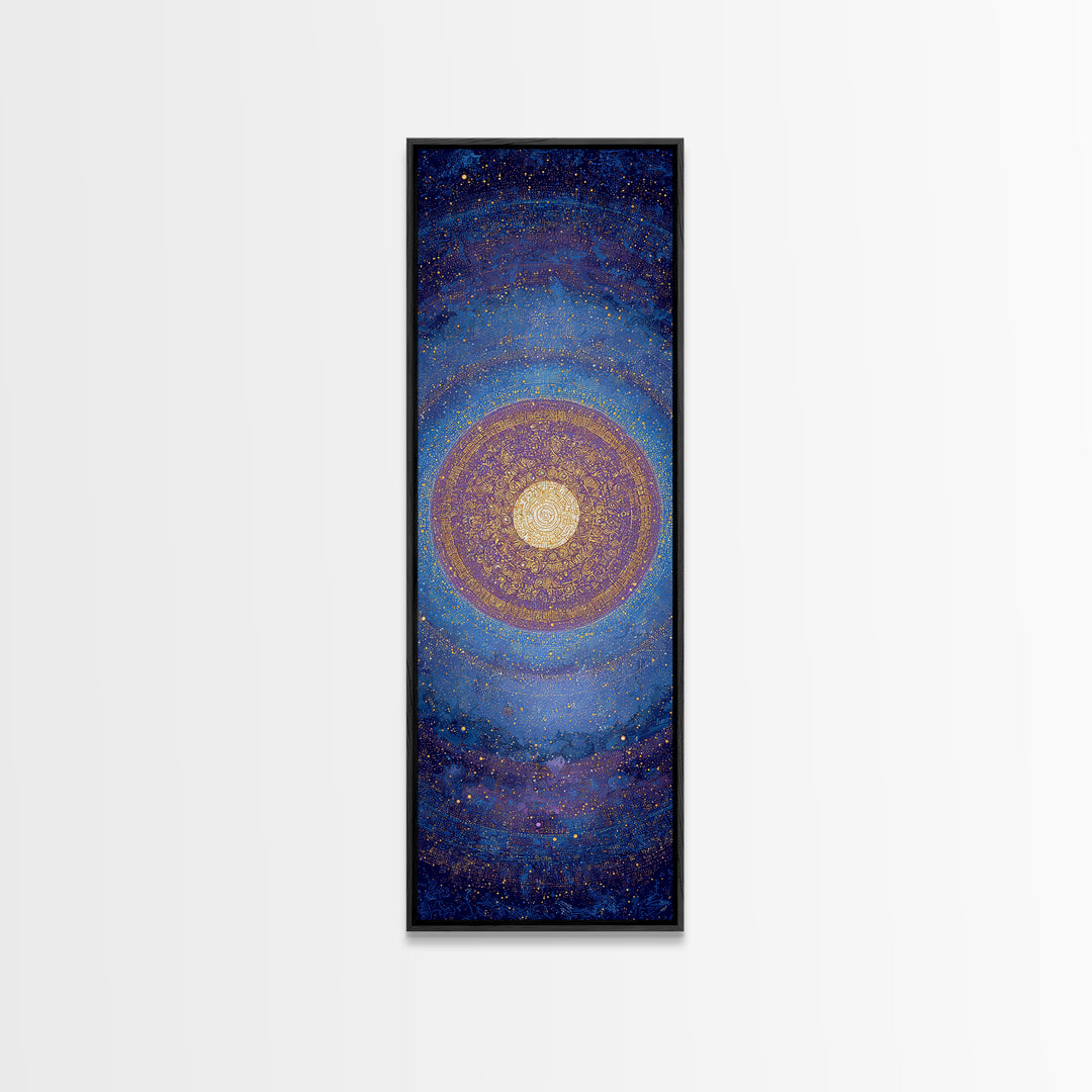 Blue Gold Cosmic Spiral Mandala Canvas Print, Abstract African Inspired Wall Decor, Spiritual Galaxy Art For Meditation Room