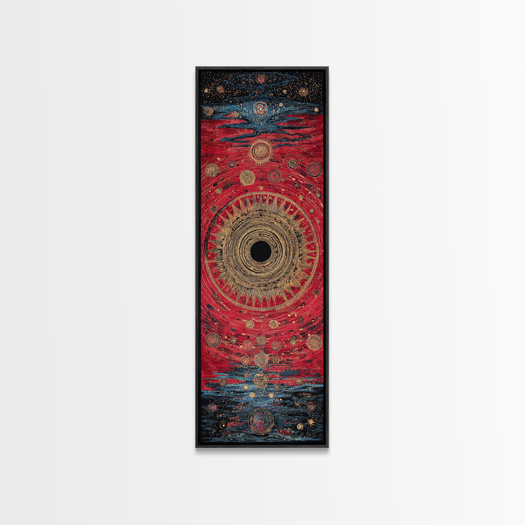 Red Gold Celestial Vortex Mandala Canvas Print, Abstract African Inspired Wall Art, Mystical Boho Decor For Spiritual Room