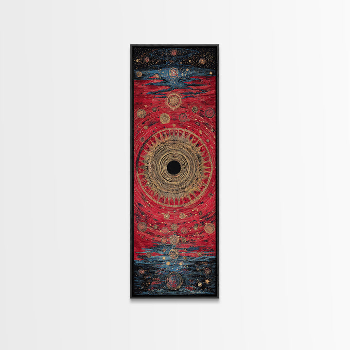 Red Gold Celestial Vortex Mandala Canvas Print, Abstract African Inspired Wall Art, Mystical Boho Decor For Spiritual Room