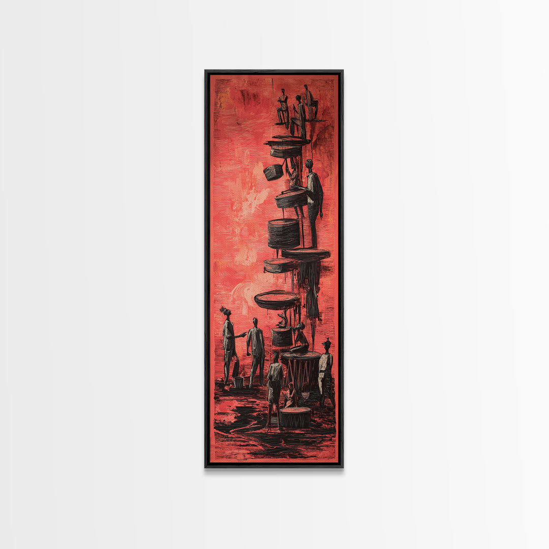 Red Surreal Figures Climbing Stacked Paths Wall Art, African Abstract Story Print, Modern Black Culture Decor Canvas For Office