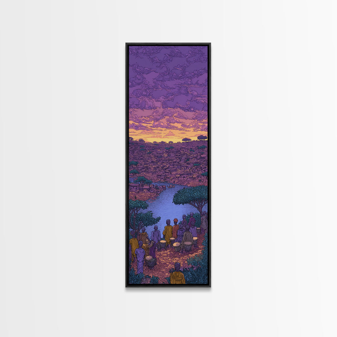 Purple African River City Sunset Wall Art, African Landscape Painting Print, Cultural Home Decor Canvas For Living Room Gift