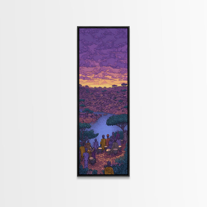 Purple African River City Sunset Wall Art, African Landscape Painting Print, Cultural Home Decor Canvas For Living Room Gift