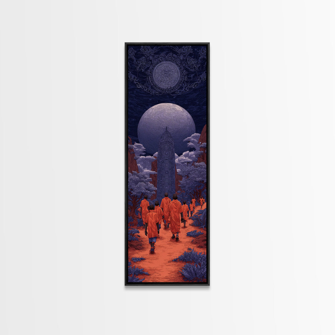 Orange Robed Pilgrims Beneath Twin Moons, African Wall Art, Afrocentric Decor, Mystical Landscape, Cultural Home Decor Gift