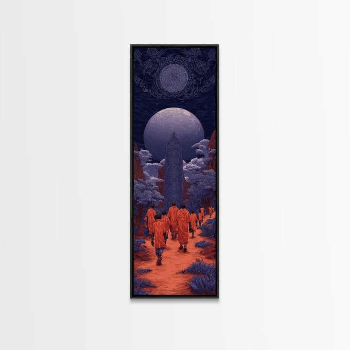 Orange Robed Pilgrims Beneath Twin Moons, African Wall Art, Afrocentric Decor, Mystical Landscape, Cultural Home Decor Gift