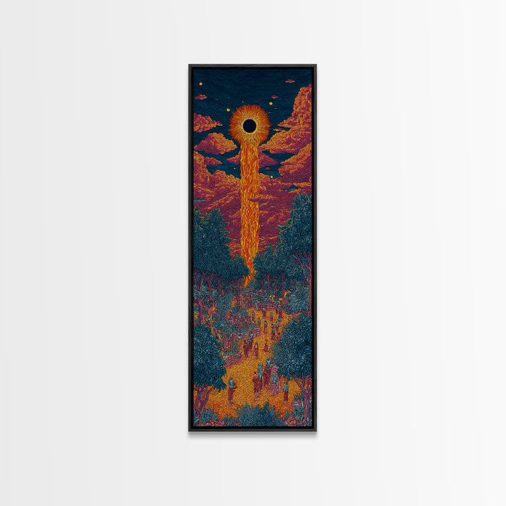 Solar Eclipse Portal Over Neon Forest, Framed Canvas Print, Mystical Wall Art, Afrocentric Decor, Vibrant Statement Piece
