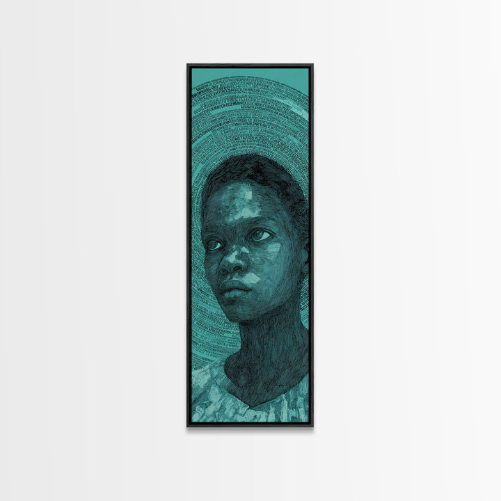 Teal Black Child Portrait With Halo Lines, Wall Art, Black Girl Art, Afrocentric Decor, Feminine Home Decor Gift For Her