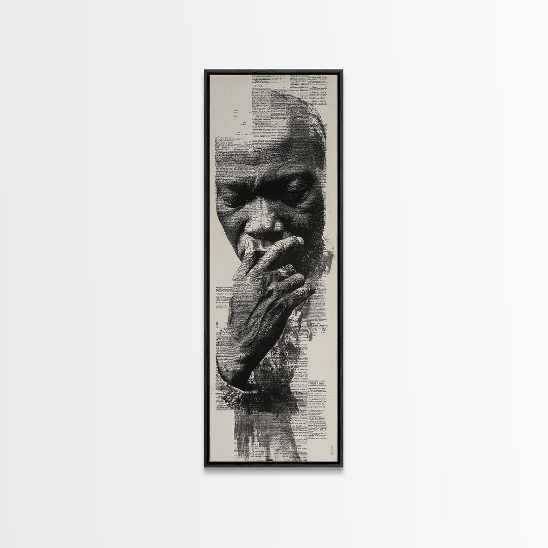 Contemplative Black Man Portrait In Text, Framed Canvas Print, Black Wall Art, Afrocentric Decor, Thoughtful Gift For Him