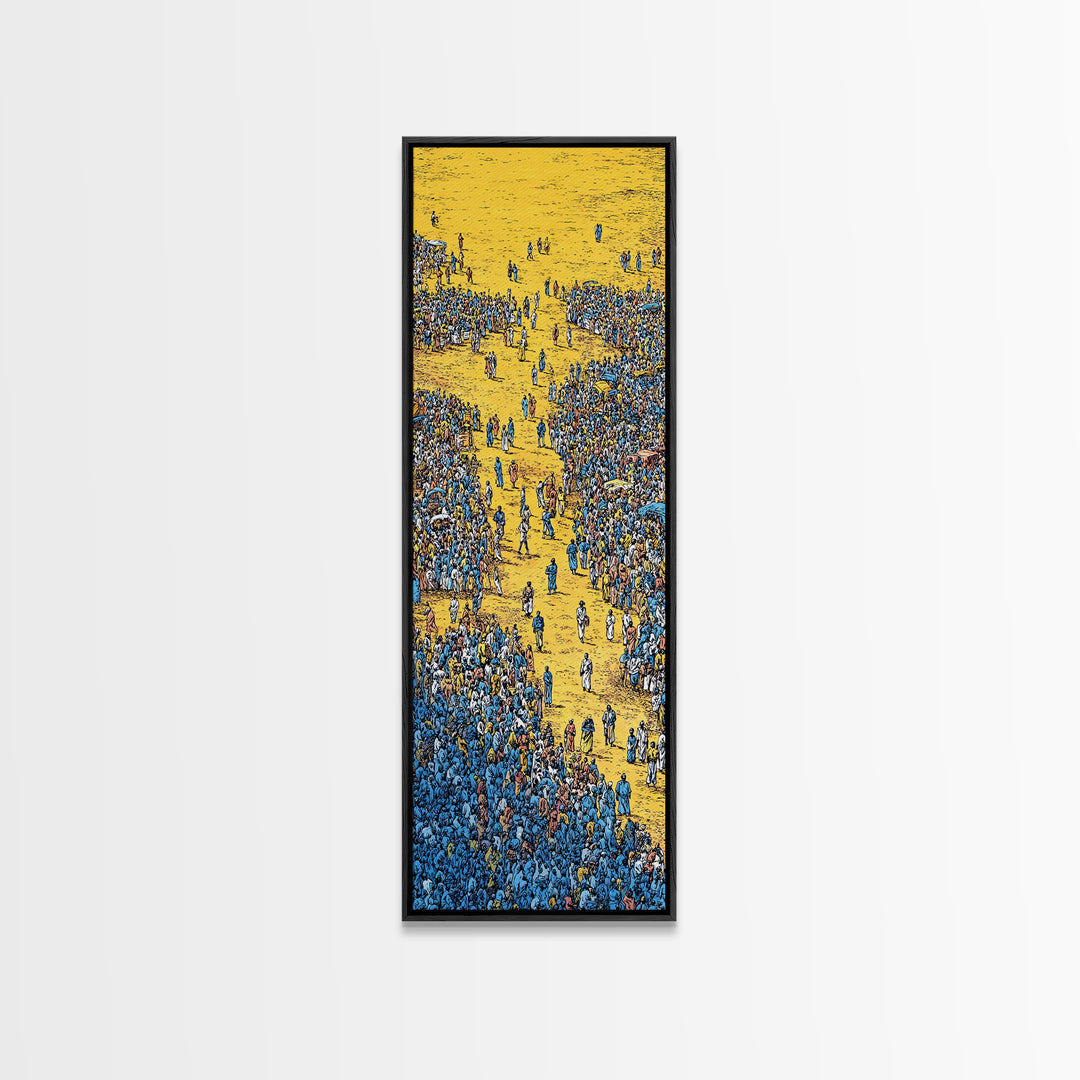 Golden Path Through Blue Crowd Canvas Print, African Celebration Art, Cultural Wall Decor, Bold Tribal Abstract Home Decor