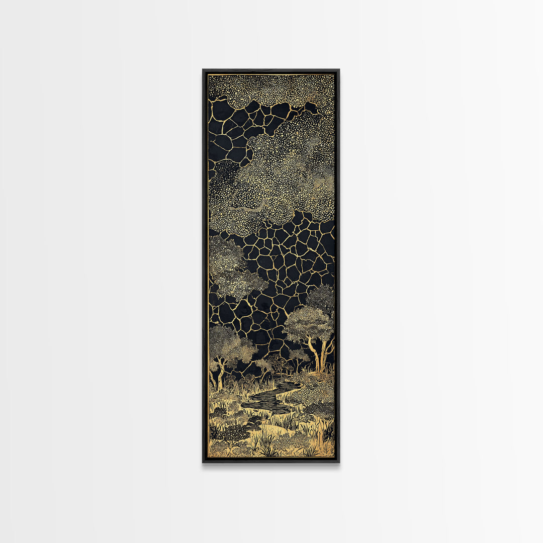 Gold Acacia Trees In Cracked Night Landscape Canvas Print, African Wall Art, Black And Gold Tribal Decor, Luxury Home Accent