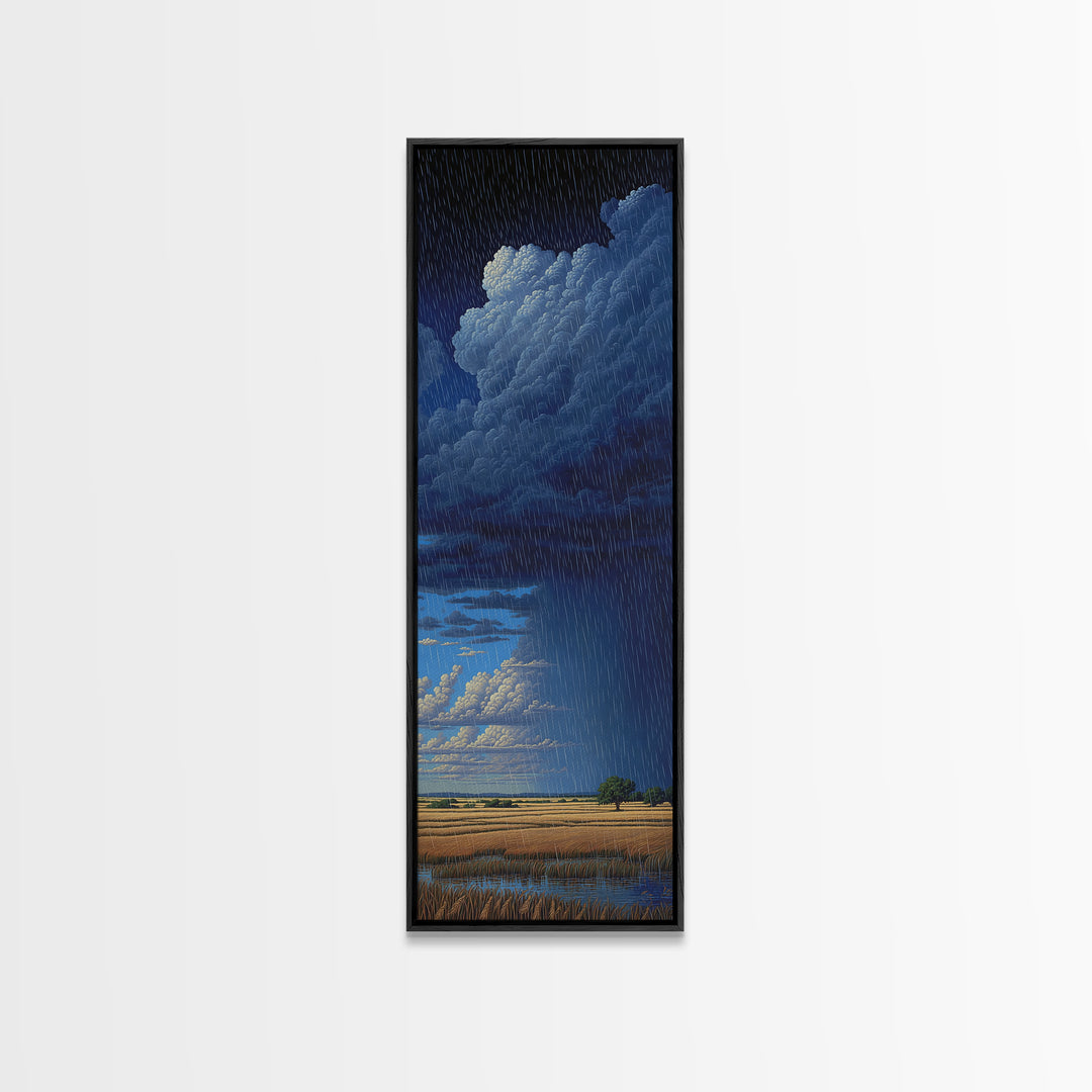 Night Rainstorm Over Wide Golden Plains Wall Art, African Landscape Print, Moody Storm Decor, Blue Safari Canvas Gift For Home