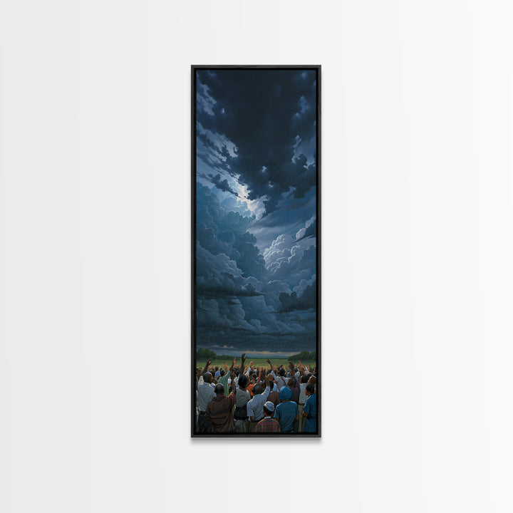 Dramatic Storm Clouds Over African Crowd Wall Art, Afrocentric Landscape Print, Black Culture Decor, Moody Sky Canvas Gift