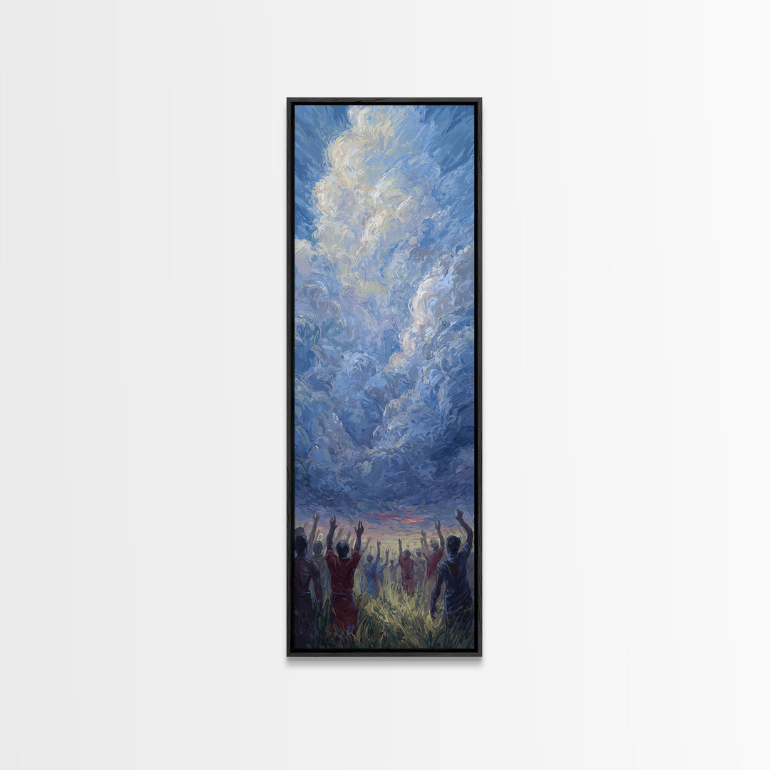 Expressive Blue Sky And Uplifted African Figures Wall Art, Afrocentric Decor, Spiritual Cloud Painting, Hopeful Gift For Home