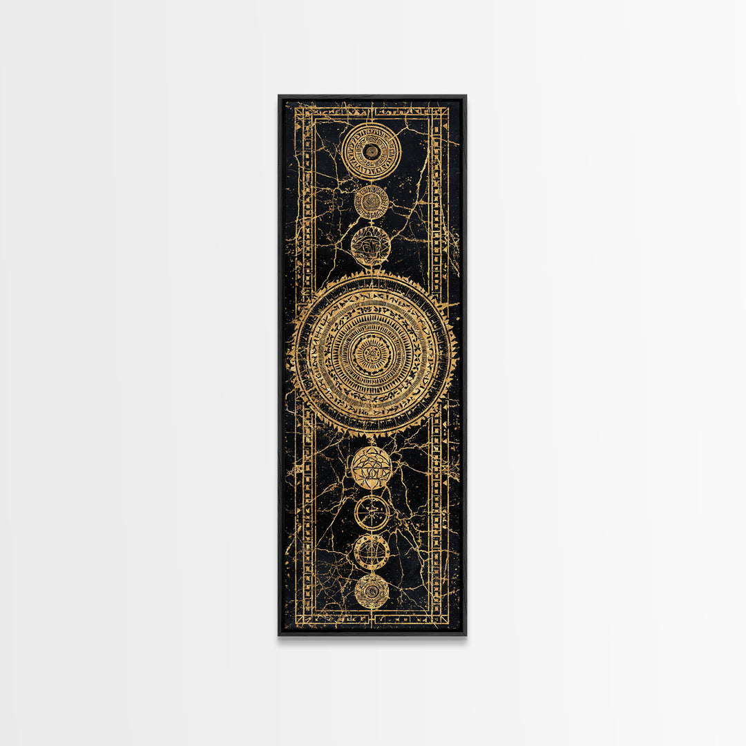 Gold Celestial Mandala Symbols On Black Canvas Print, African Abstract Wall Decor, Tribal Pattern Art, Luxe Mystic Home Gift