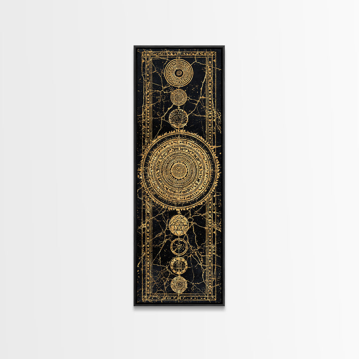 Gold Celestial Mandala Symbols On Black Canvas Print, African Abstract Wall Decor, Tribal Pattern Art, Luxe Mystic Home Gift
