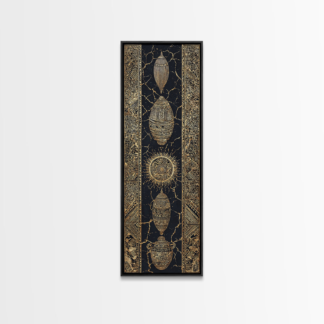 Gold Beetle Talisman And Sun Symbols Framed Canvas Print, African Tribal Decor, Mystic Black Wall Art, Luxe Gift For Unique Home Decor