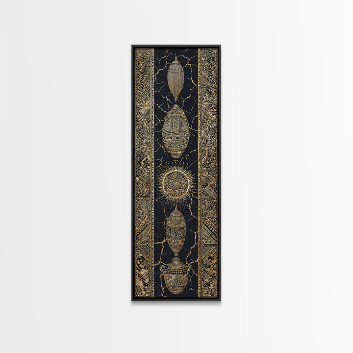 Gold Beetle Talisman And Sun Symbols Framed Canvas Print, African Tribal Decor, Mystic Black Wall Art, Luxe Gift For Unique Home Decor