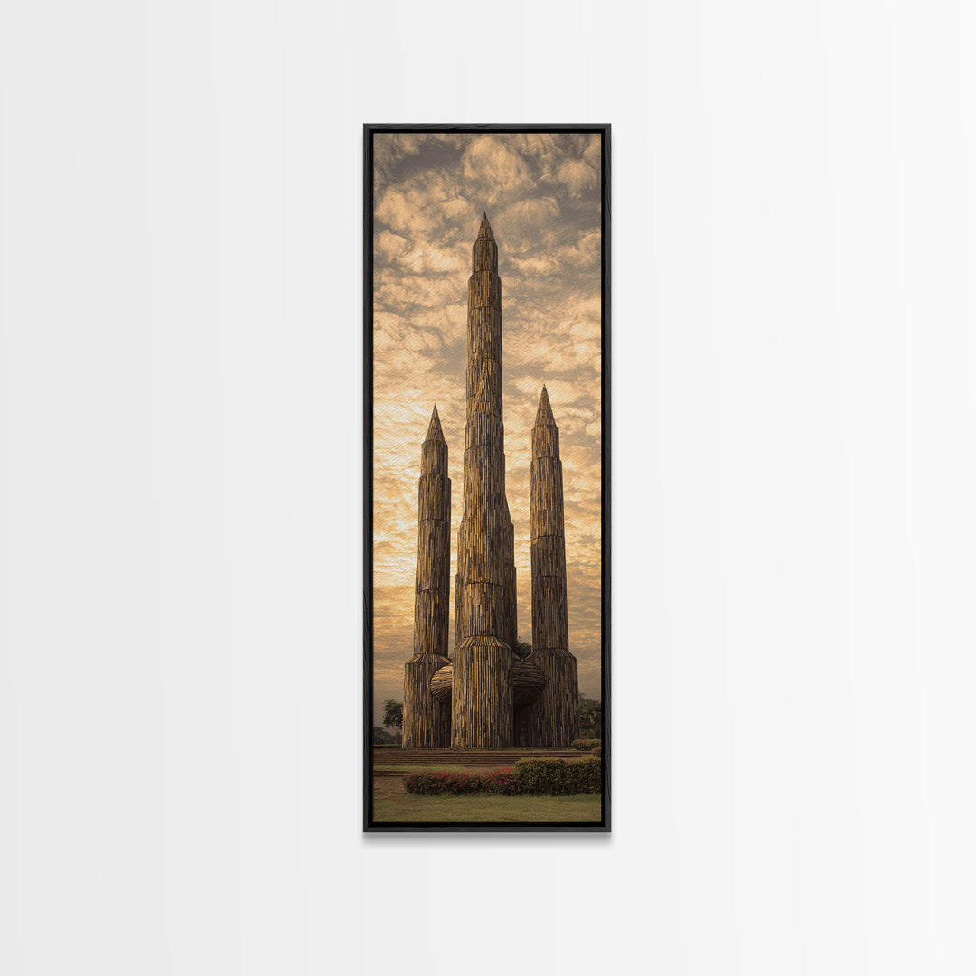 Tall Carved Wooden African Towers At Sunset Canvas Print, Tribal Architecture Wall Decor, Earth Tone Statement Art Gift For Home