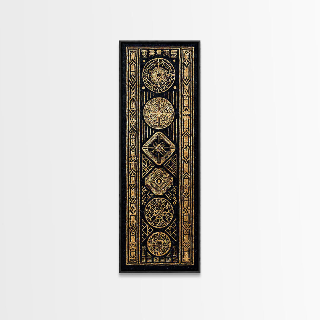 Gold Tribal Medallion Symbols On Black Framed Canvas Print, African Abstract Wall Decor, Mystic Pattern Art Gift For Home Decor