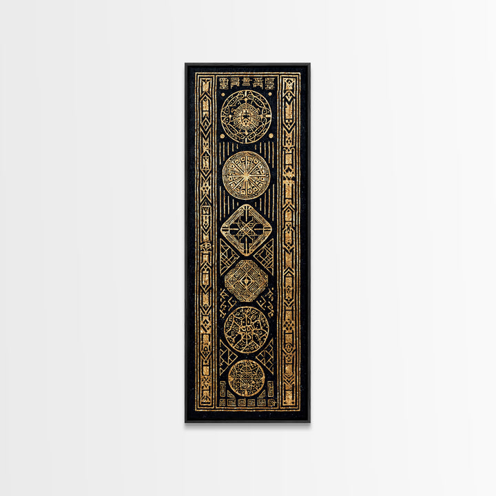 Gold Tribal Medallion Symbols On Black Framed Canvas Print, African Abstract Wall Decor, Mystic Pattern Art Gift For Home Decor