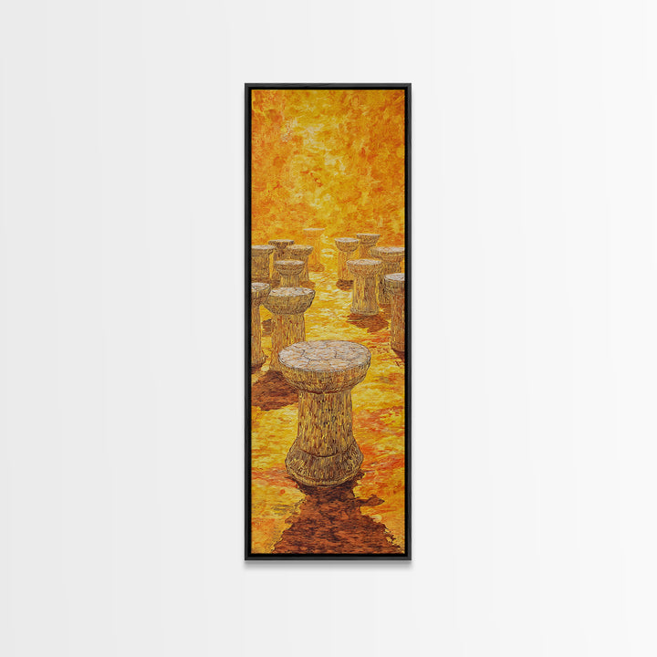 Golden African Stool Landscape Wall Art, Warm Orange Textured Painting, Unique Canvas Decor For Safari Inspired Home Decor