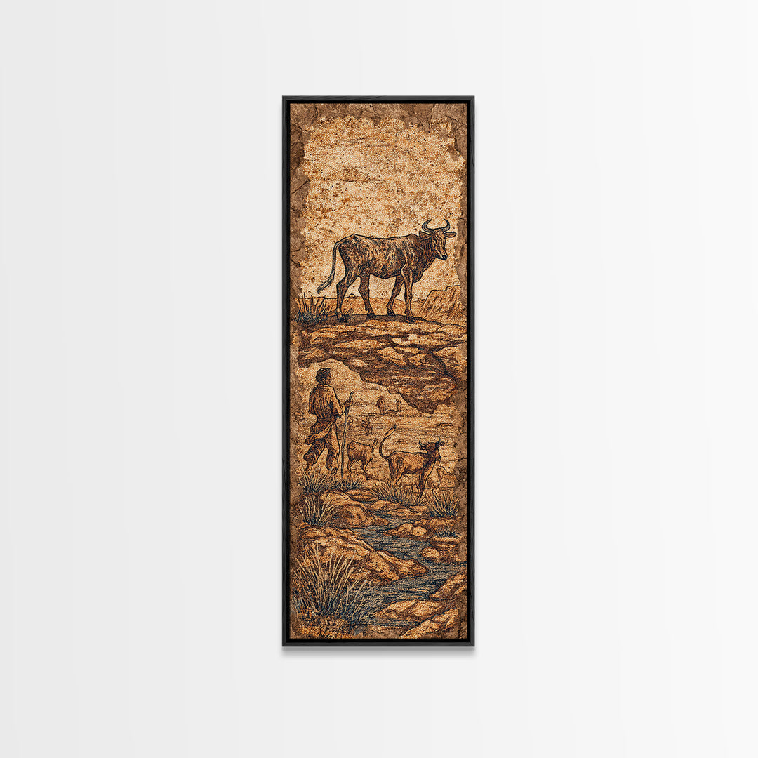 Ancient Cattle Herder Cave Painting Wall Art, African Safari Art Print, Rustic Tribal Landscape Decor For Home Office Decor