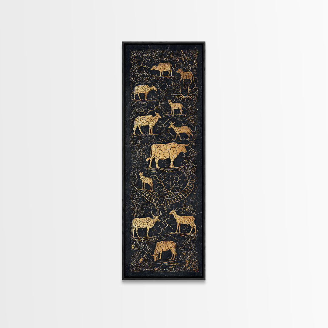 Gold Animal Silhouette African Safari Wall Art, Black Crackle Wildlife Canvas Decor, Tribal Art Print For Living Room Home Decor