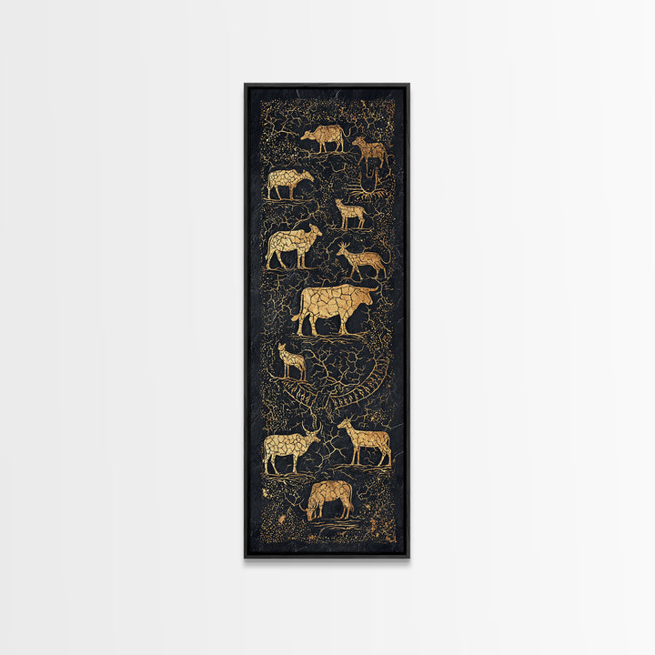 Gold Animal Silhouette African Safari Wall Art, Black Crackle Wildlife Canvas Decor, Tribal Art Print For Living Room Home Decor