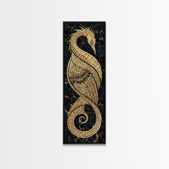 Gold Crane Heron Line Art Canvas Print, Black And Gold African Inspired Bird, Elegant Tribal Luxury Geometric Wall Decor Gift