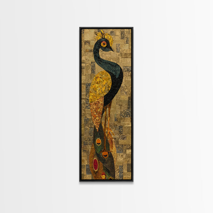 Tall Peacock Tribal Bird Framed Canvas Print, African Inspired Gold Mosaic Portrait, Elegant Cultural Wall Home Decor Gift