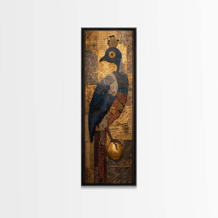 Blue Gold Peacock Portrait Canvas Print, African Inspired Bird Art, Textured Mixed Media, Luxury Elegant Home Wall Decor Gift