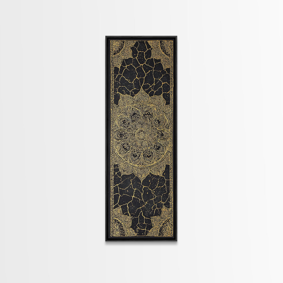Black Gold Mandala Pattern Wall Art, African Inspired Geometric Textile Design, Elegant Boho Luxury Home Decor Statement Gift