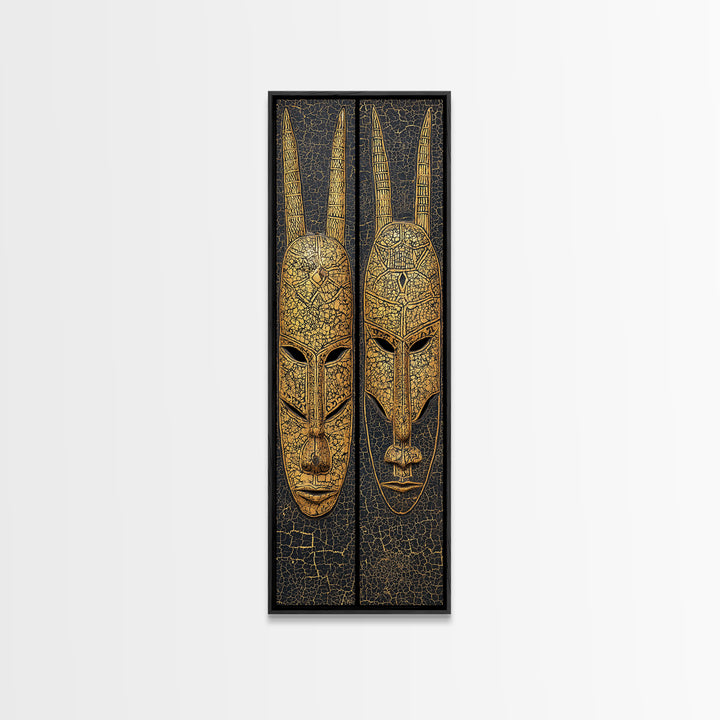 Gold Tribal Mask Diptych Wall Art, African Mask Art, African Tribal Decor, Black Gold Canvas, Afrocentric Home Decor Gift