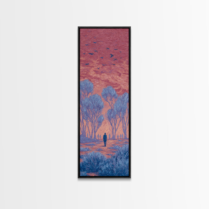 Pink Sunset Landscape Canvas Print, African Landscape, Dreamy Wall Art, Nature Scene Art, Blue Trees, Birds, Large Decor Art