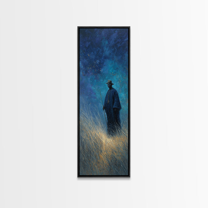 Blue Night Wanderer Wall Art, African Portrait, Mystical Wall Art, Spiritual Canvas Print, Dreamy Grassland Home Decor Gift