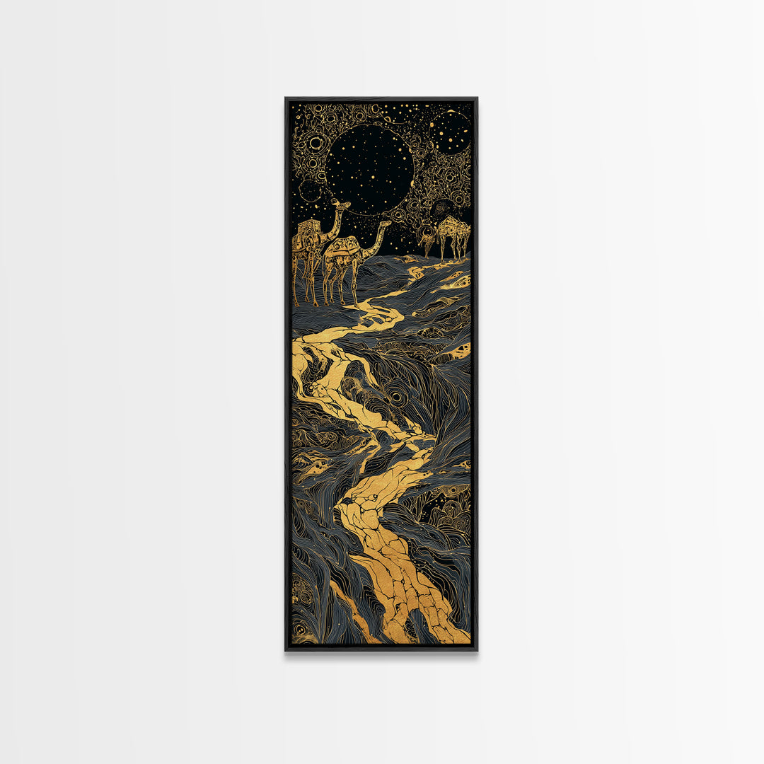 Golden Moon Elephants In Cosmic River Wall Art, African Safari Art, Black And Gold Decor, Mystical Landscape, Statement Print