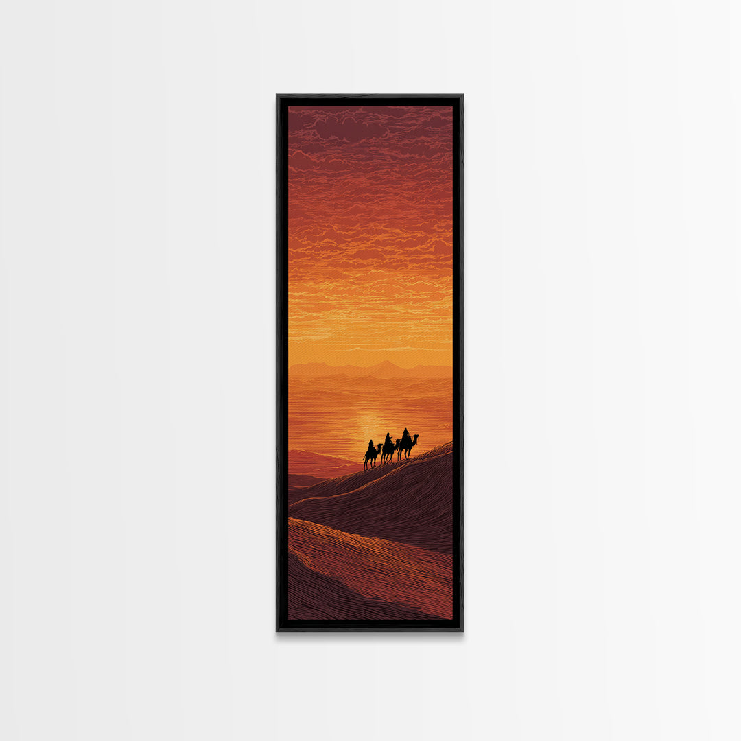 Sunset Camel Caravan Over Desert Dunes Canvas Print, African Landscape, Sahara Travel Wall Decor, Warm Orange Safari Art