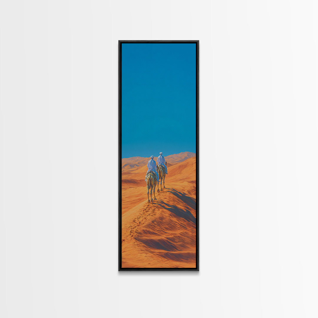 Blue Nomad Riders Crossing Orange Desert Dunes Wall Art, African Safari Decor, Modern Canvas, Boho Living Room Artwork Prints