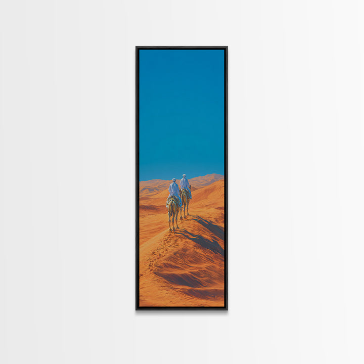 Blue Nomad Riders Crossing Orange Desert Dunes Wall Art, African Safari Decor, Modern Canvas, Boho Living Room Artwork Prints