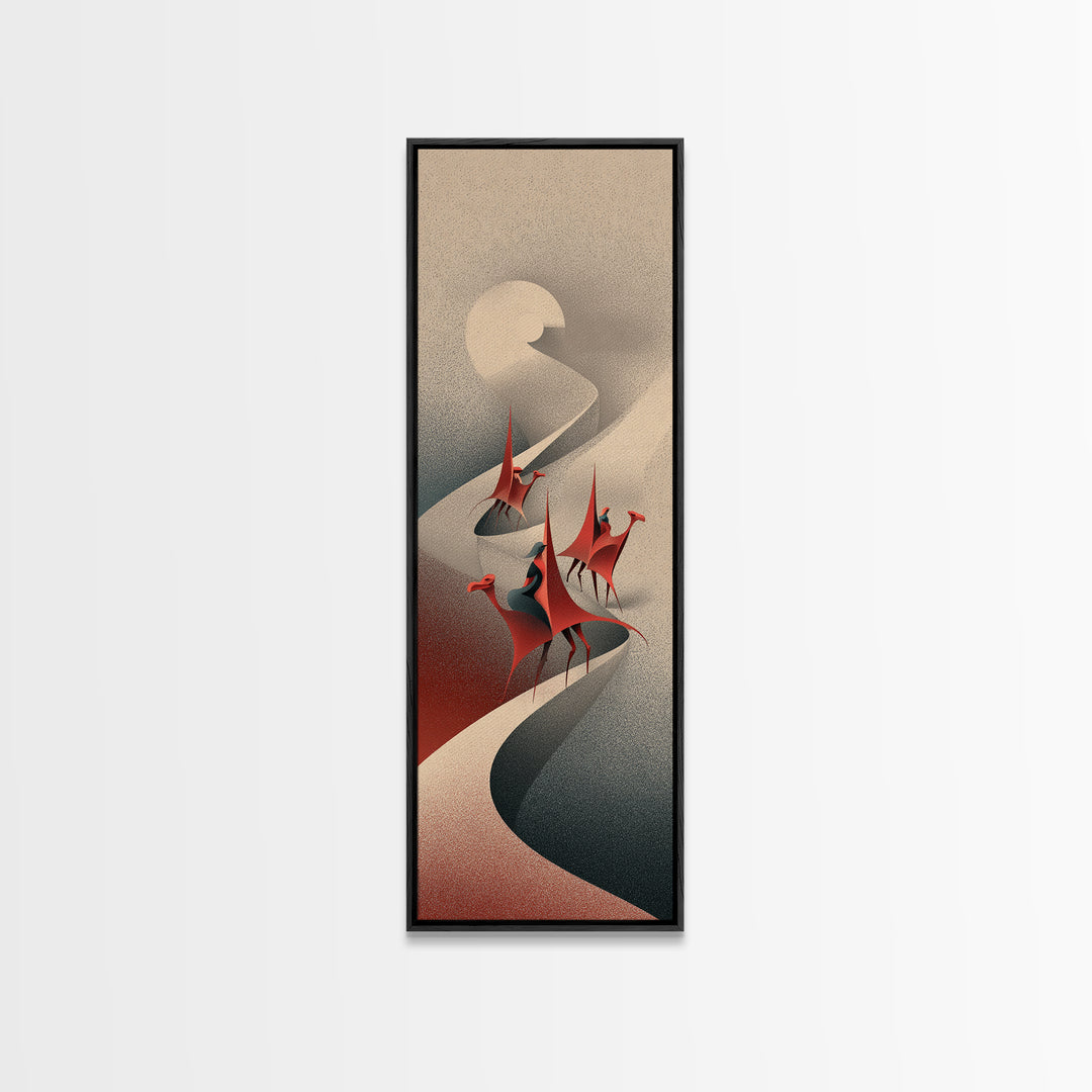 Red Crowned Birds On Winding Moonlit River Canvas Print, Abstract African Art, Elegant Boho Wall Decor, Modern Home Gift