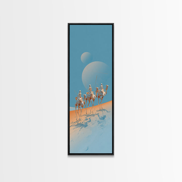 White Camel Riders Beneath Pale Blue Moons Framed Canvas Print, African Safari Art, Dreamy Desert Decor, Unique Wall Artwork