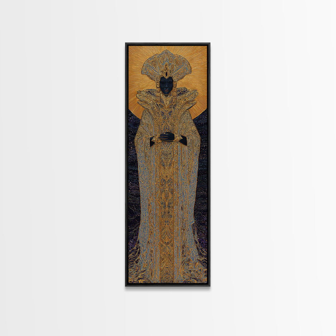Regal Black Queen In Ornate Gold Robe Framed Canvas Print, African Woman Art, Afrocentric Decor, Luxury Portrait Wall Art