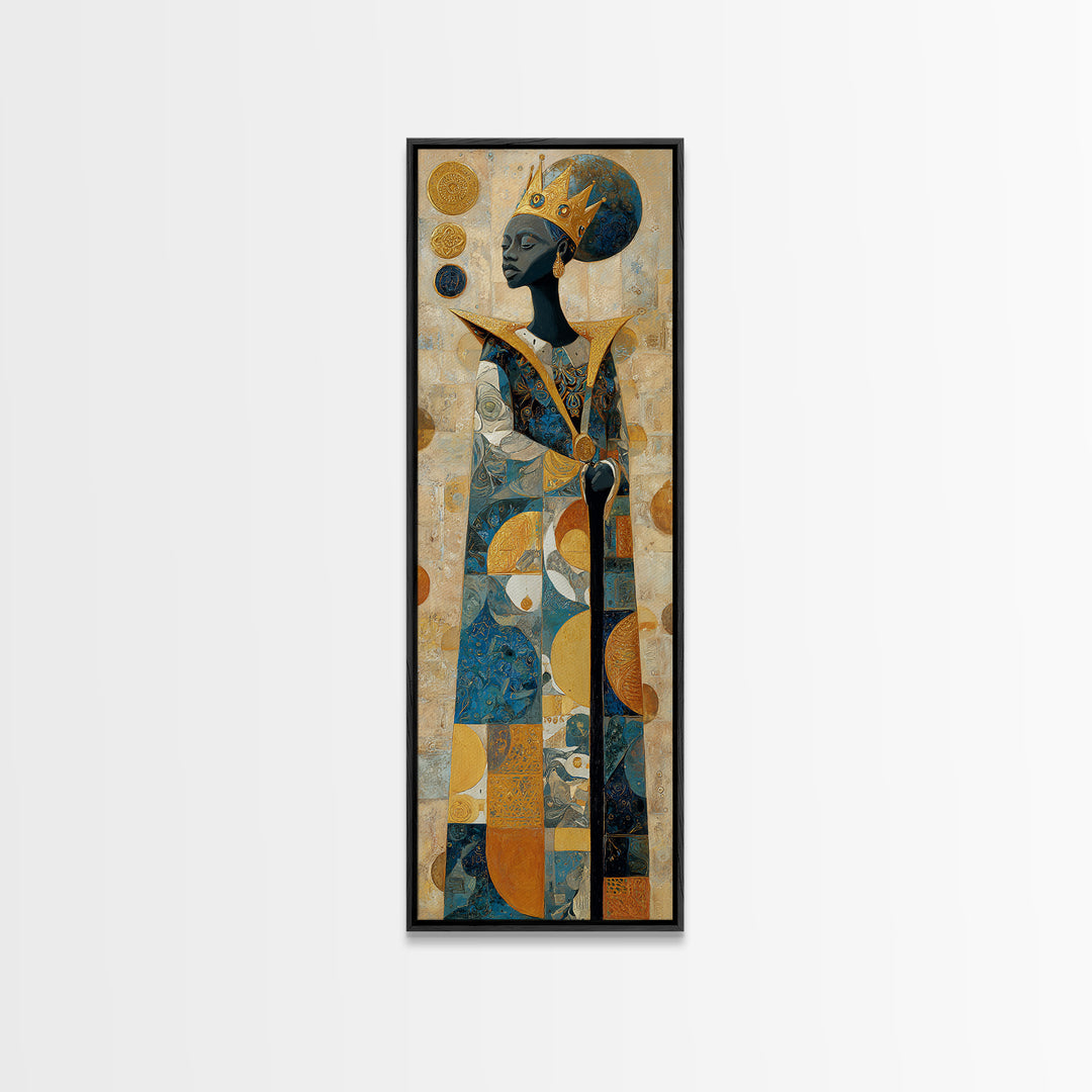 Crowned African Queen With Gold And Teal Geometry Canvas Print, Black Woman Art, Afrocentric Wall Decor, Elegant Home Gift