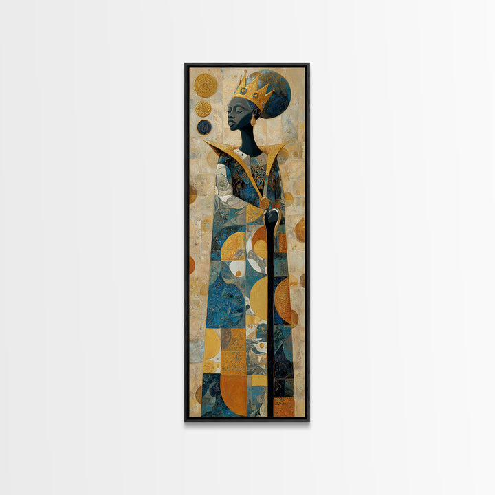 Crowned African Queen With Gold And Teal Geometry Canvas Print, Black Woman Art, Afrocentric Wall Decor, Elegant Home Gift