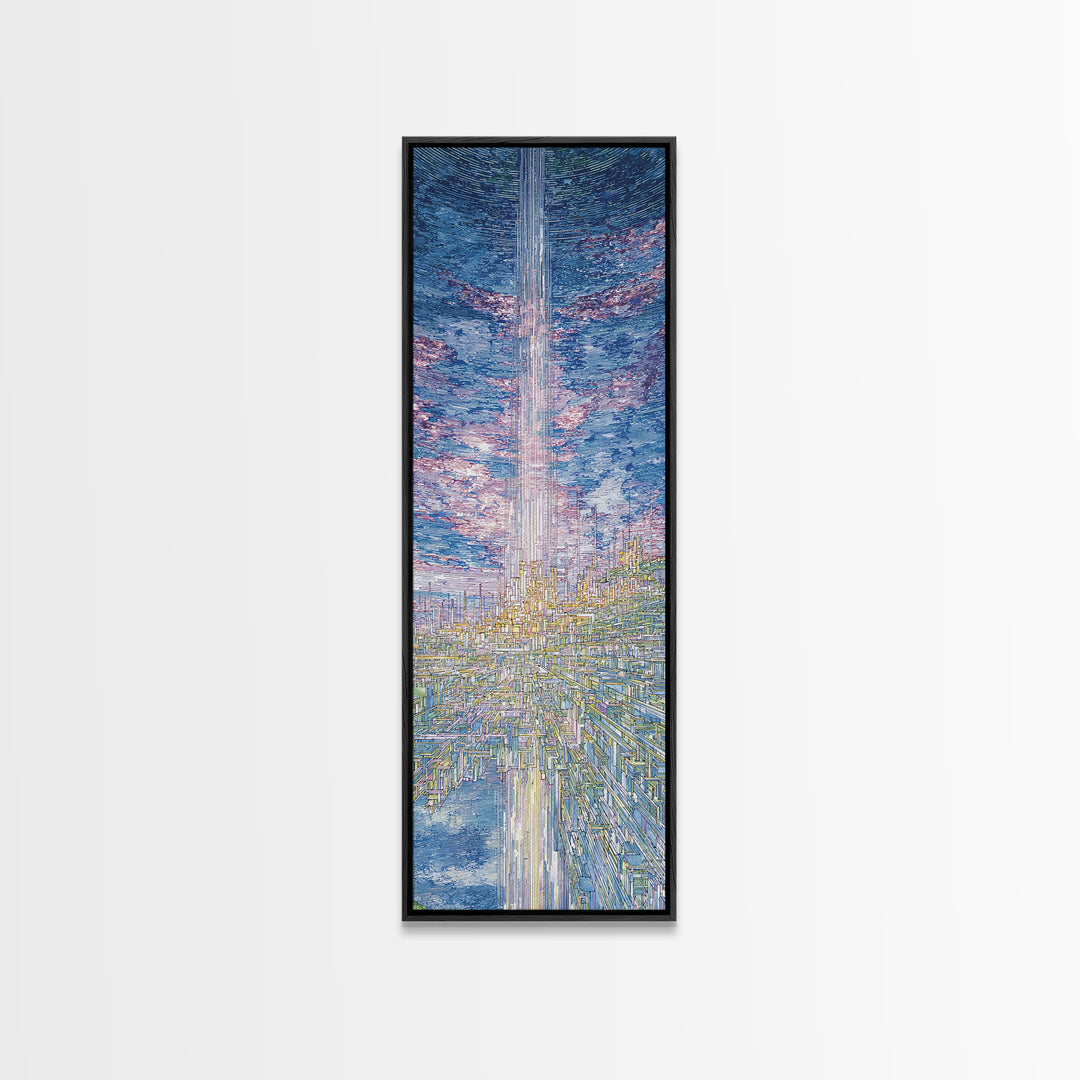 Radiant Sky Beam Utopia Framed Canvas Print, Futuristic City Wall Art, Blue Cloudscape, Dreamy Modern Home Decor, Large Decor Art